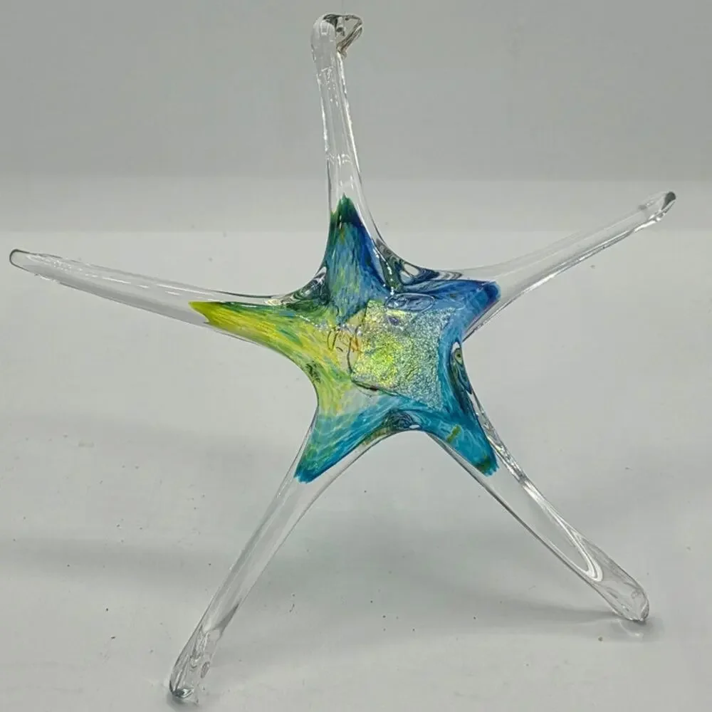 Signed Luke Adams Hand Blown Art Glass Starfish Suncatcher Ornament Blue Green 8